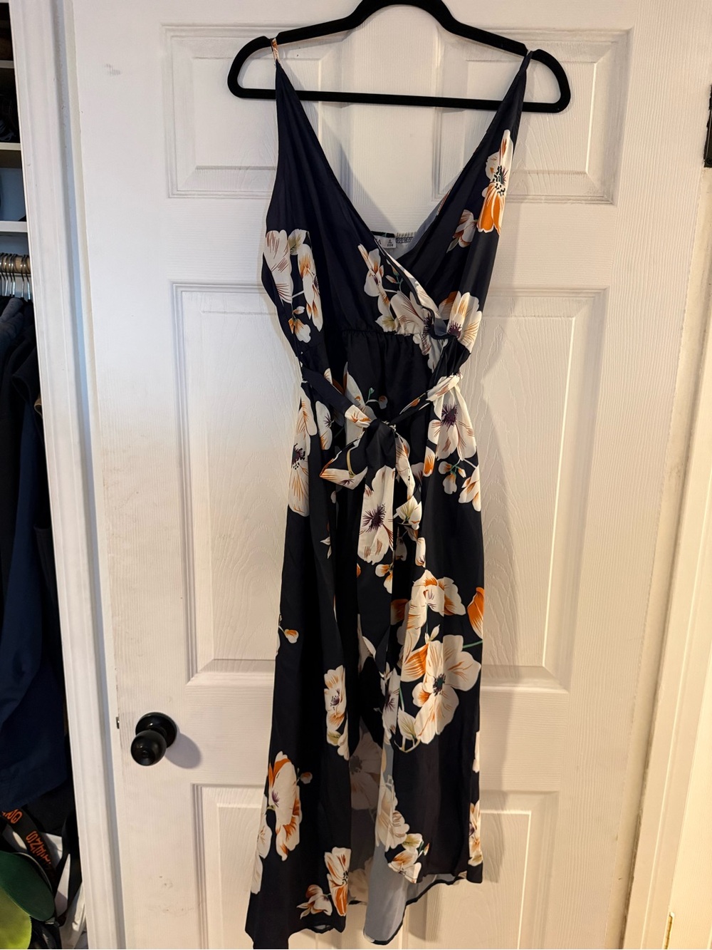 Navy Floral High-Low Wrap Dress with Tie Waist